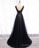 Black V Neck Tulle Lace Long Prom Dress Black Evening Dress